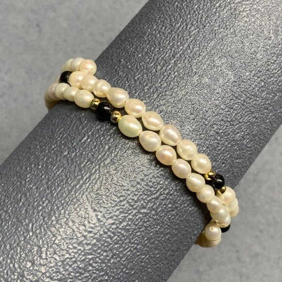 Memory Wire Wrap Bracelet Faux Pearl Black Gold Beaded Organic Elegant Chic Prom - Picture 2 of 3